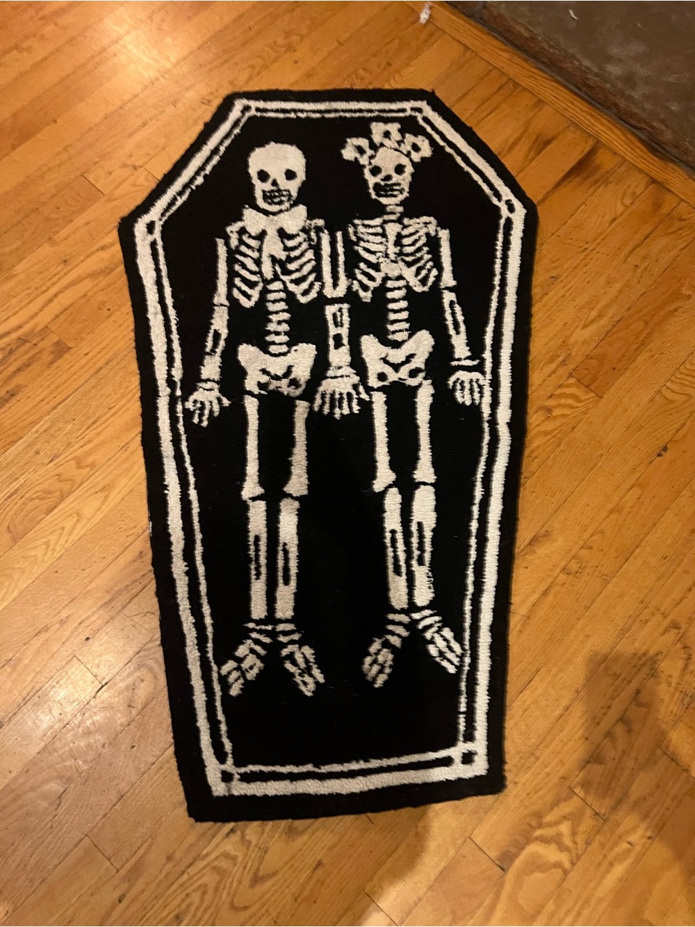 Black & White Skeleton Coffin Doormat — Spooky Entry Accent